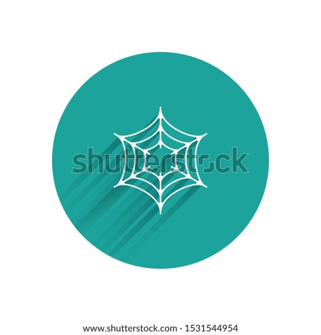 White Spider web icon isolated with long shadow. Cobweb sign. Happy Halloween party. Green circle button. Vector Illustration