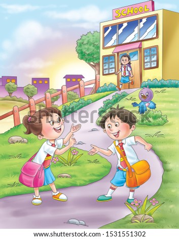 Illustration of boy and girl going to school