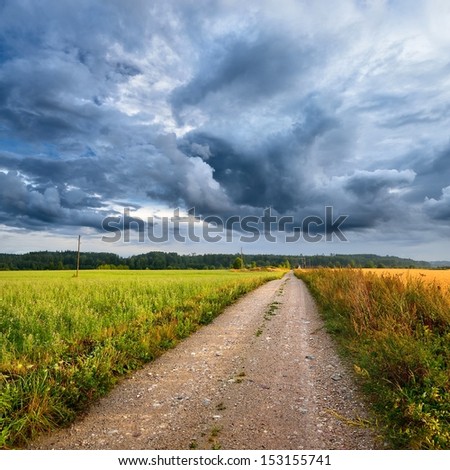 Green field and the road against stormy sky