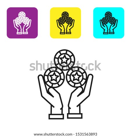 Black line Hand holding casino chips icon isolated on white background. Casino gambling. Set icons colorful square buttons. Vector Illustration
