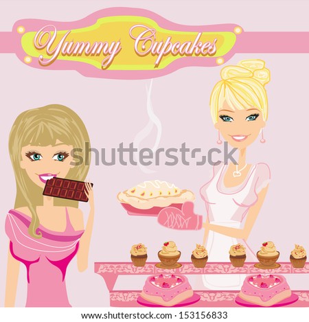 illustration of a woman buying cake at a bakery store 