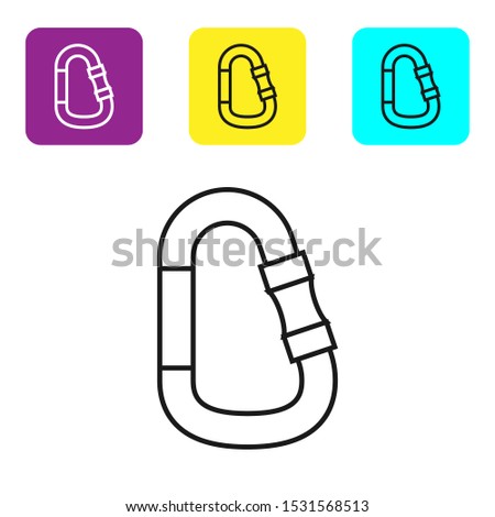 Black line Carabiner icon isolated on white background. Extreme sport. Sport equipment. Set icons colorful square buttons. Vector Illustration