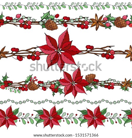 Big set with vintage Christmas decoration. Endless pattern brushes with poinsettia, branch and berries.