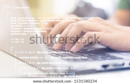Employee programmer man hand type on keyboard at computer desktop for input code language to software for fix bug and defect in operation room for develop of technology and work from home concept