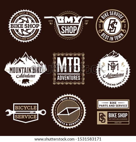 Set of vector bike shop, bicycle service, mountain biking clubs and adventures logo, badges and icons isolated on a brown background