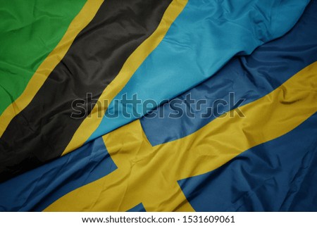 waving colorful flag of sweden and national flag of tanzania. macro