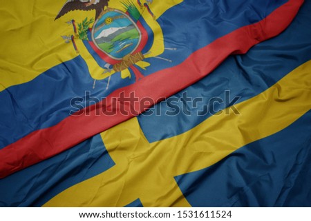 waving colorful flag of sweden and national flag of ecuador. macro