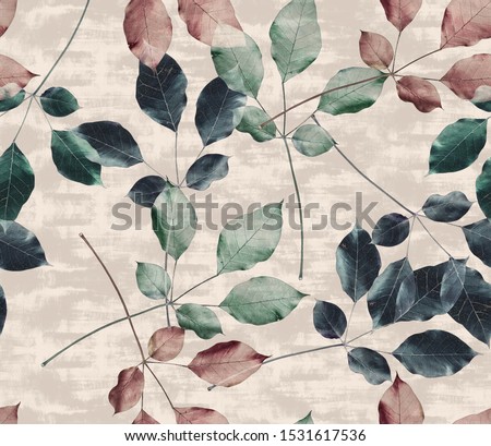 Seamless Realistic Leaves and Branches With Trendy Colors Allover Print Design perfect for interior, furniture and fashion Poplar Tree Royalty-Free Stock Photo #1531617536