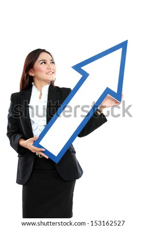 picture of smiling businesswoman with direction arrow sign on white background