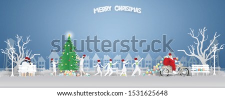 Santa Claus  riding  motorcycle  in white grass and Children are running,playing  in winter season,Merry Christmas concept.Paper art Vector and Illustration