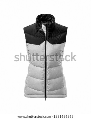 Women's white with black warm sport puffer vest isolated over white background. Ghost mannequin photography