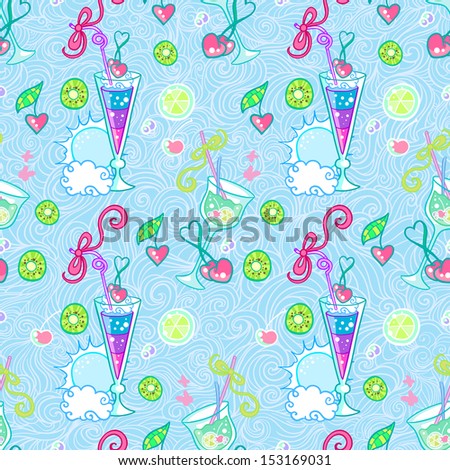 Summer seamless cocktail background. Alcohol endless pattern with fruits.