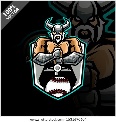 Vector sport logo, Viking illustration and baseball on shield background. Logo for sport club or team. Vector illustration	