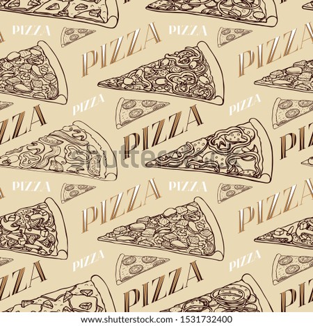Hand drawn vector seamless pattern with realistic pizza slices and lettering. Good for wrapping paper, wallpapers at cafe, pizzeria or bakery