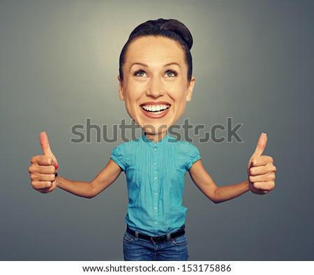 funny bighead woman showing thumbs up and smiling