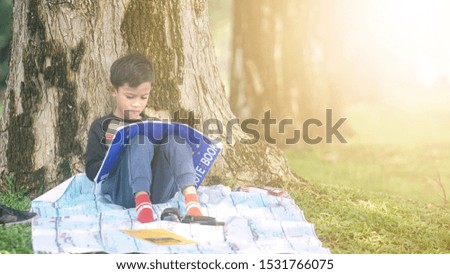 Sweet little boy reading a book at the park with a morning sunlight. Soft focus on the image due to editing technique.