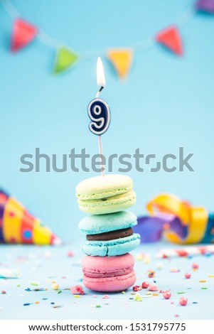 Nineth 9th Birthday Card with Candle in Colorful Macaroons and Sprinkles. Card Mockup.