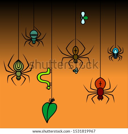 Spiders Hang On A Web, Weave A Web. The Spider Holds In Its Paws A Prey, A Fly. Caterpillar On The Web. Seamless Horizontal Pattern, Border. Pattern For Halloween. Vector Image.