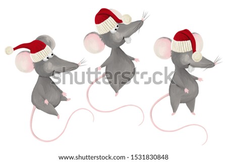 Cute cartoon rat with christmas furry red hat, nice positive illustration, clip art set white isolated