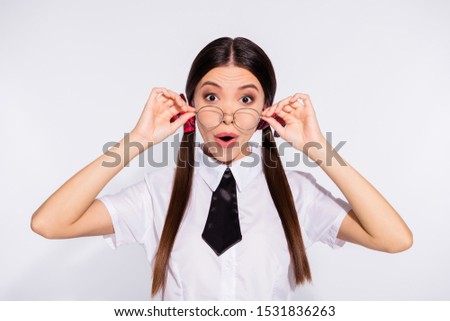 Close up photo of charming lovely lady youth astonished impressed people reaction touch specs dressed white blouse black tie isolated grey silver background