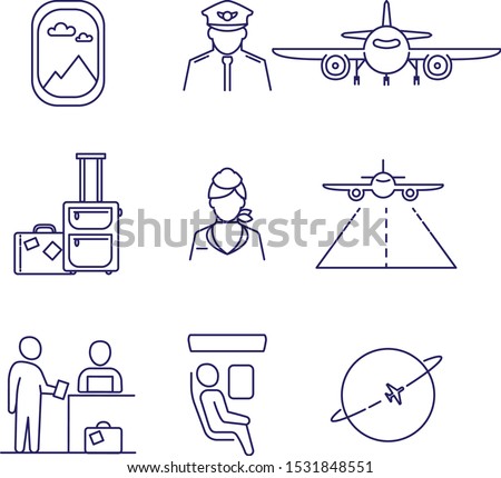 Set of aviation icons. Outline illustration. Vector icons of airplane, pilot, cabin crew.  Royalty-Free Stock Photo #1531848551