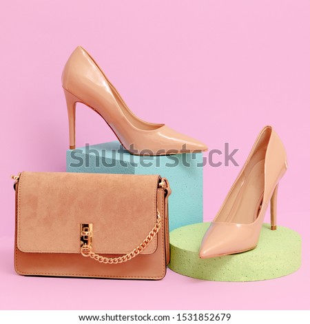 Women shoes and bag. Pastel colours geometric space. Fashion and glam concept art