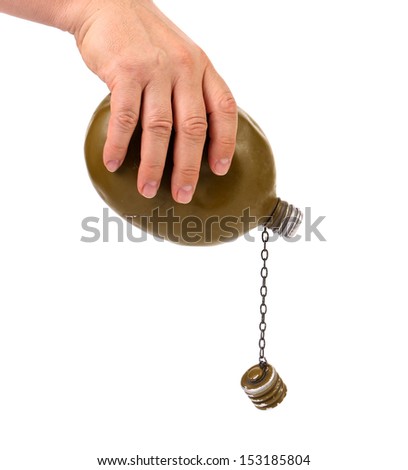 Hand holds old army canteen.