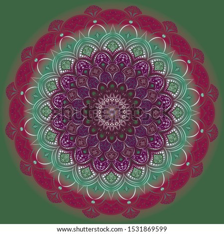 
The pattern is round, green-purple. Mandala with floral patterns, harmony and symmetry. Balanced color gamut.