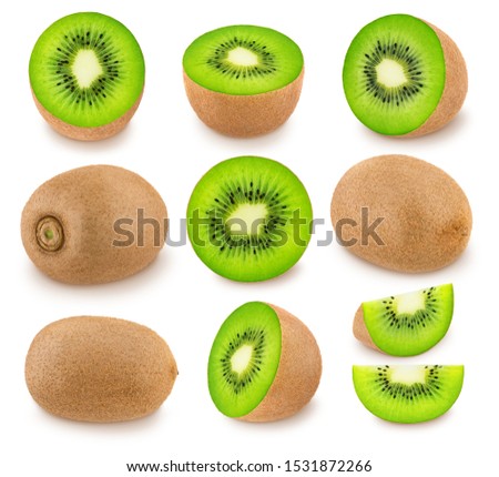 Large kiwi set with different elements isolated on a white background.