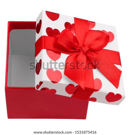 Open red gift box with ribbon and bow isolated on white background