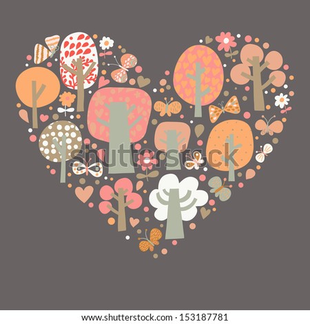 Ecology concept card in vector. Heart shape made of trees, flowers and butterflies