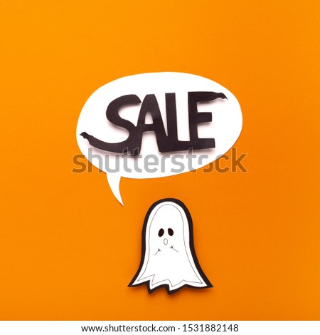 One day sale. Halloween ghost saying word in speech bubble on orange background