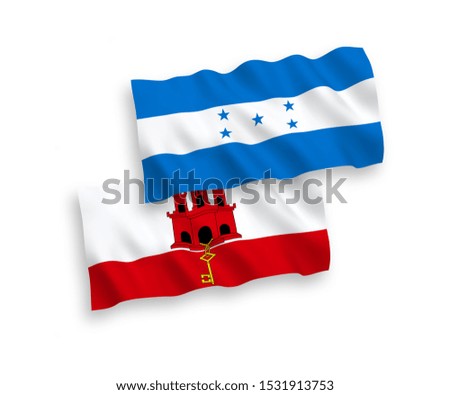 National vector fabric wave flags of Gibraltar and Honduras isolated on white background. 1 to 2 proportion.
