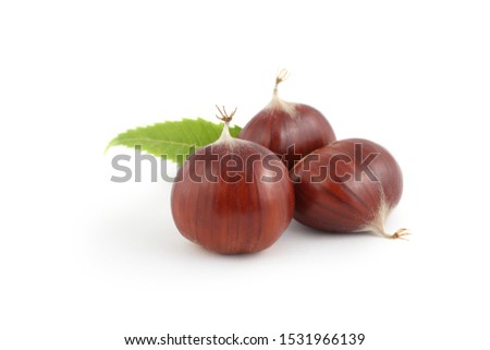 Three sweet chestnuts with leaf isolated on white background.  Royalty-Free Stock Photo #1531966139