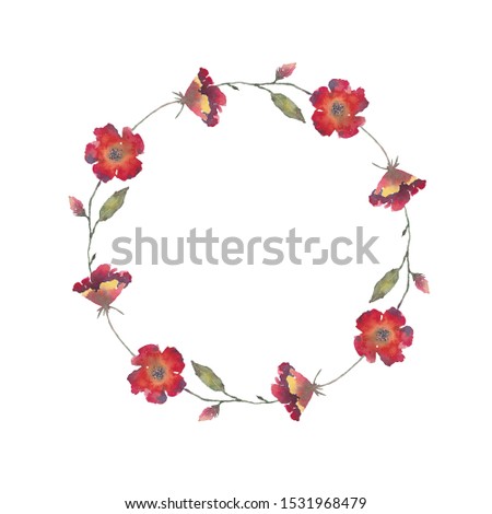 A wreath of watercolor red flowers on a white background. Use for invitations, greetings, birthdays and weddings.