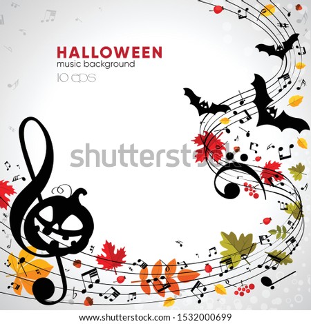 Bright musical autumn halloween background with pumpkin, bats and leaves. Musical Composition at Halloween Party