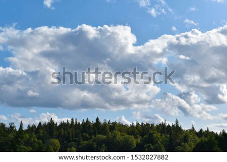 A picture of a blue sky and clouds with the forest below.