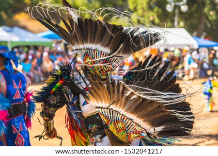 Powwow.  Native Americans dressed in full regalia. Details of regalia close up.  Chumash Day Powwow and Intertribal Gathering. Royalty-Free Stock Photo #1532041217