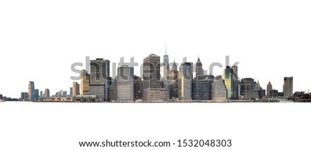 Panoramic view of Lower Manhattan from Brooklyn Heights - isolated on white. Clipping path included. Good for use with dark background.