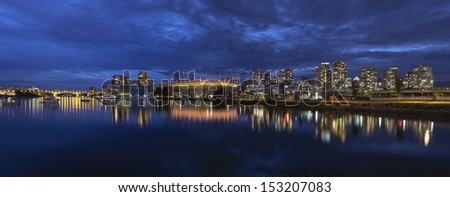 Vancouver BC Canada Downtown City Skyline by False Creek at Evening Blue Hour Panorama
