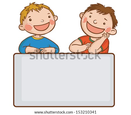Banner of two boys talking behind placard advertising, announcement or school book.