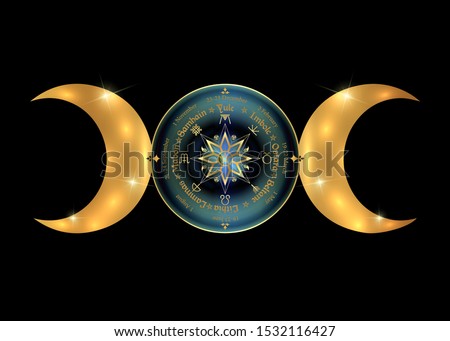 triple moon Wicca pagan goddess, wheel of the Year is an annual cycle of seasonal festivals. Wiccan calendar and holidays. Compass with in the middle pentagram symbol, names in Celtic of the Solstices Royalty-Free Stock Photo #1532116427
