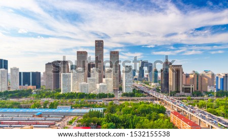 Beijing, China modern financial district skyline on a nice day with blue sky.