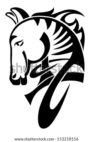 digital drawing of black tribal head horse silhouette isolated on white, raster version