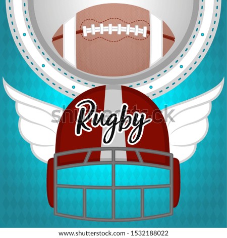 Rugby poster with a ball, rugby helmet and wings - Vector illustration