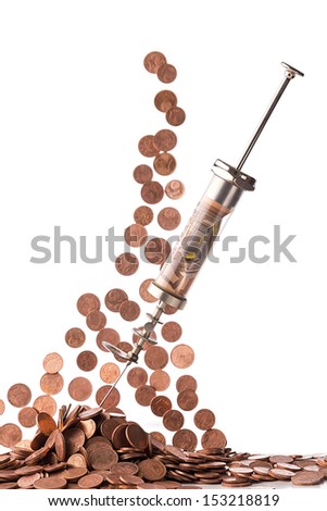 cash injection, 50 euro bill in a vintage injection with falling coins in background, isolated on white.