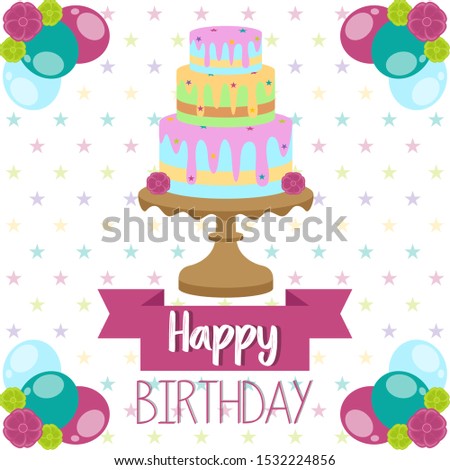 Colored birthday card with a birthday cake and balloons - Vector