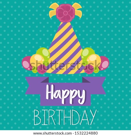 Colored birthday card with a party hat and balloons - Vector
