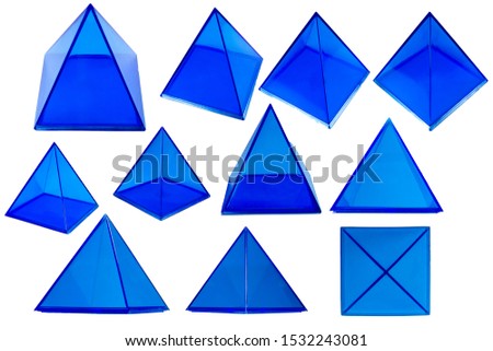 Blue plastic tetrahedral pyramid in different angles
