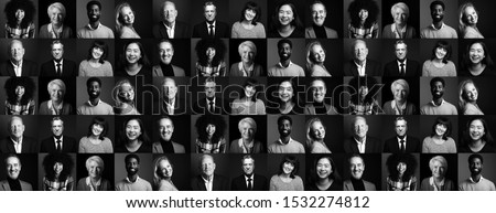 Collection of 9 happy people faces - black and white edition Royalty-Free Stock Photo #1532274812